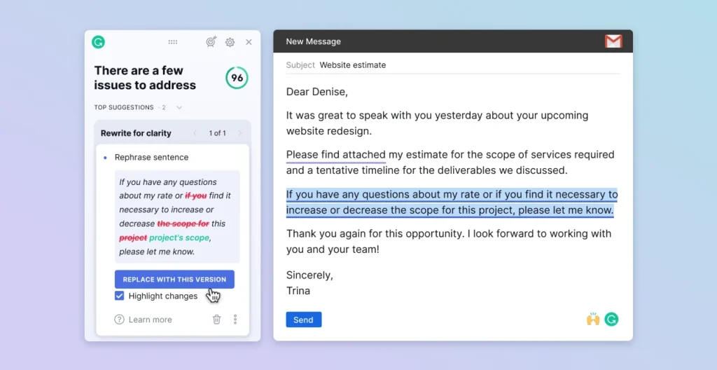 Most people know Grammarly for grammar correction, but its rewrite suggestions are surprisingly strong. It improves clarity, reduces wordiness, and enhances delivery.
